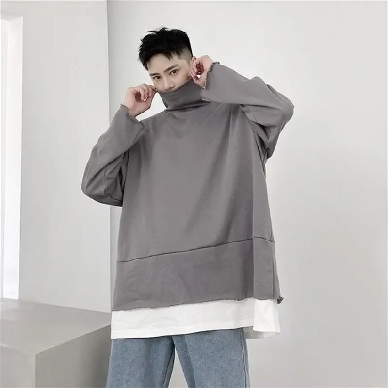 Men's long-sleeved autumn wear Men's loose fake two high-necked teen hip hop outerwear trends