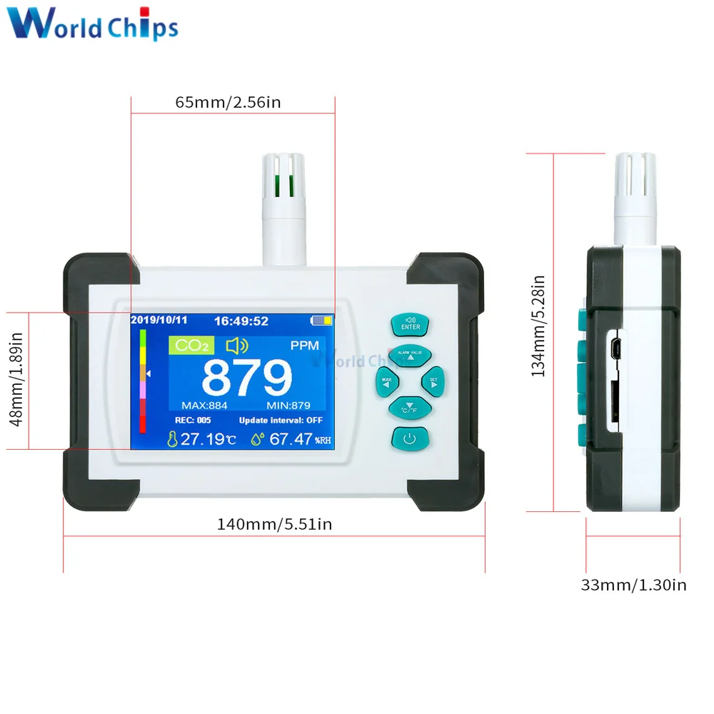 

Portable CO2 Meter Air Quality Detector Carbon Dioxide Monitor Temperature Humidity Tester Analyzer LCD Display Rechargeable