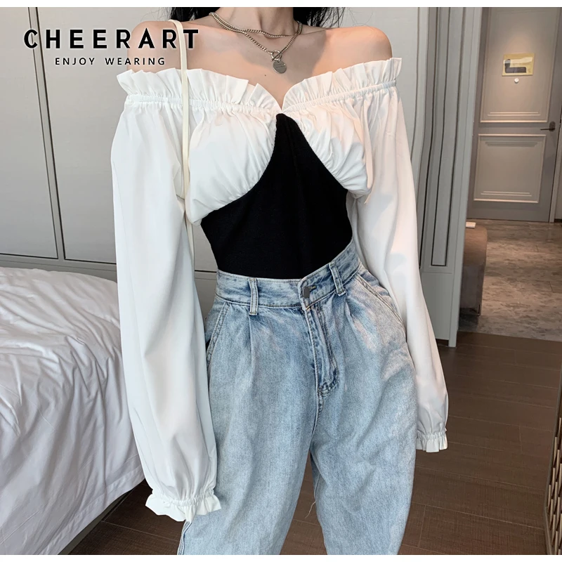 CHEERART блузка с оборками и открытыми плечами длинным рукавом из кусков топы