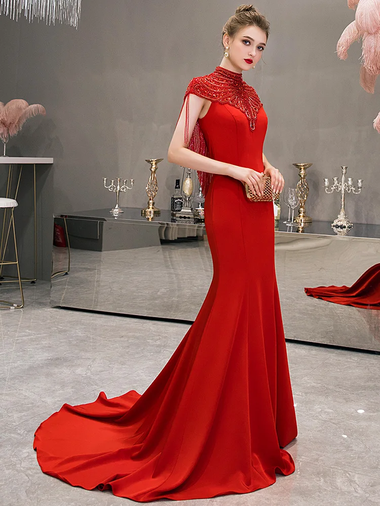 SSYFashion/Новое высококачественное роскошное вечернее платье розового цвета с высоким воротом Русалочки, Длинные Вечерние Платья De Noche