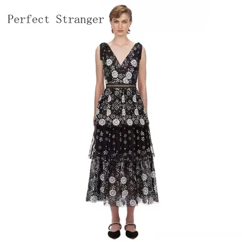 

2020 Summer New Arrival V Collar Sleeveless Flower Printed Women Chiffon Long Dress High Quality