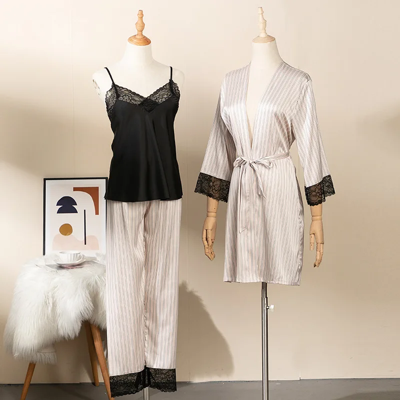 

Lady Striped Pajamas Set Spring Summer Sleepwear Pijamas Suit Sexy Lace Trim Kimono Bathrobe Gown Casual Home Clothes Loose Suit