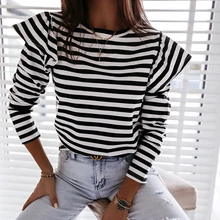 Women Blouse Shirt Striped Ruffle Long Sleeve Blouse Women Casual Feminine Spring Fashion Woman Blouses 2021 O Neck Top Female