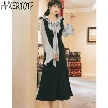 

Spring Autumn fashion elegant Women Retro long Sleeve Shirt + Strap Dress 2 Piece Outfits Dresses Sets
