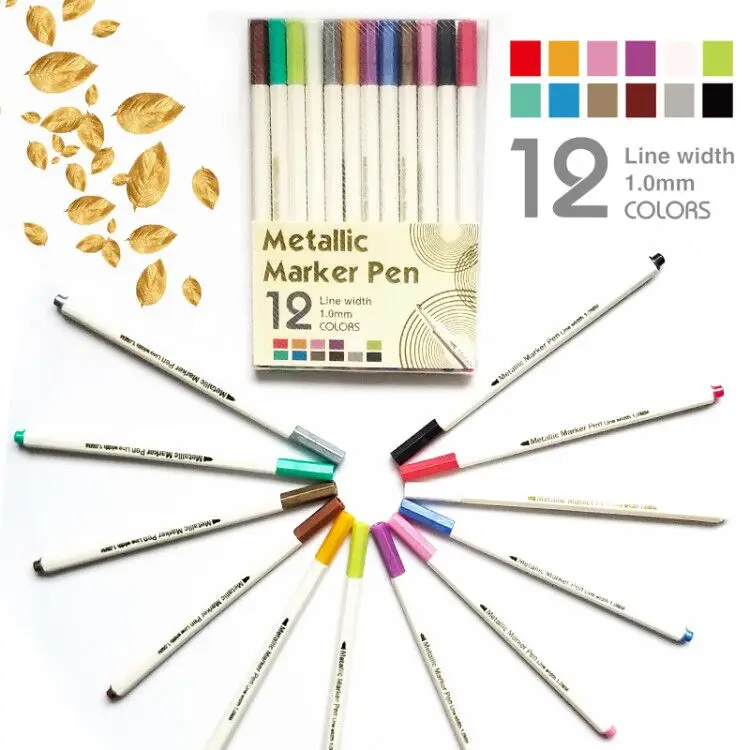 Metallic-Marker-Pens-Set-of-12-Assorted-Colors-for-Adult-Coloring-Books-Art-Rock-Painting-Card