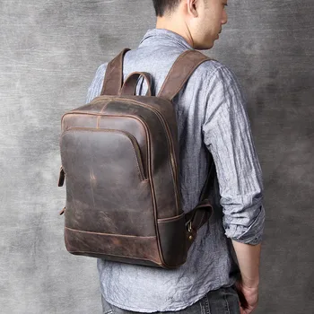 

Retro simple genuine leather men's backpack luxury natural crazy horse cowhide women's weekend daily travel computer bagpack