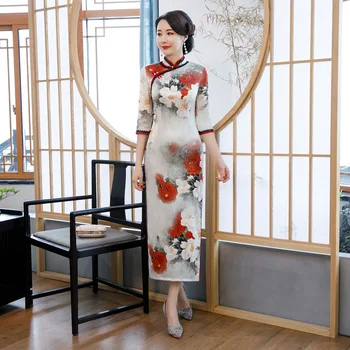 

Big Size 4XL 5XL Women Print Flower Mandarin Collar Cheongsam Chinese Traditional Half Sleeve Long Qipao Evening Party Dress