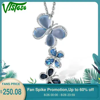 

VISTOSO Authentic 14K 585 White Gold Fancy Blue Topaz Shiny Diamond Butterfly Pendant For Women Anniverary Lovely Fine Jewelry