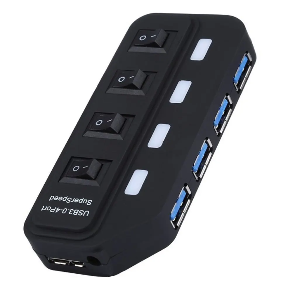 Высокоскоростной концентратор с 4 портами USB 3,0, usb-разветвитель, переключатели вкл/выкл+ адаптер питания переменного тока с синим usb-кабелем для передачи данных