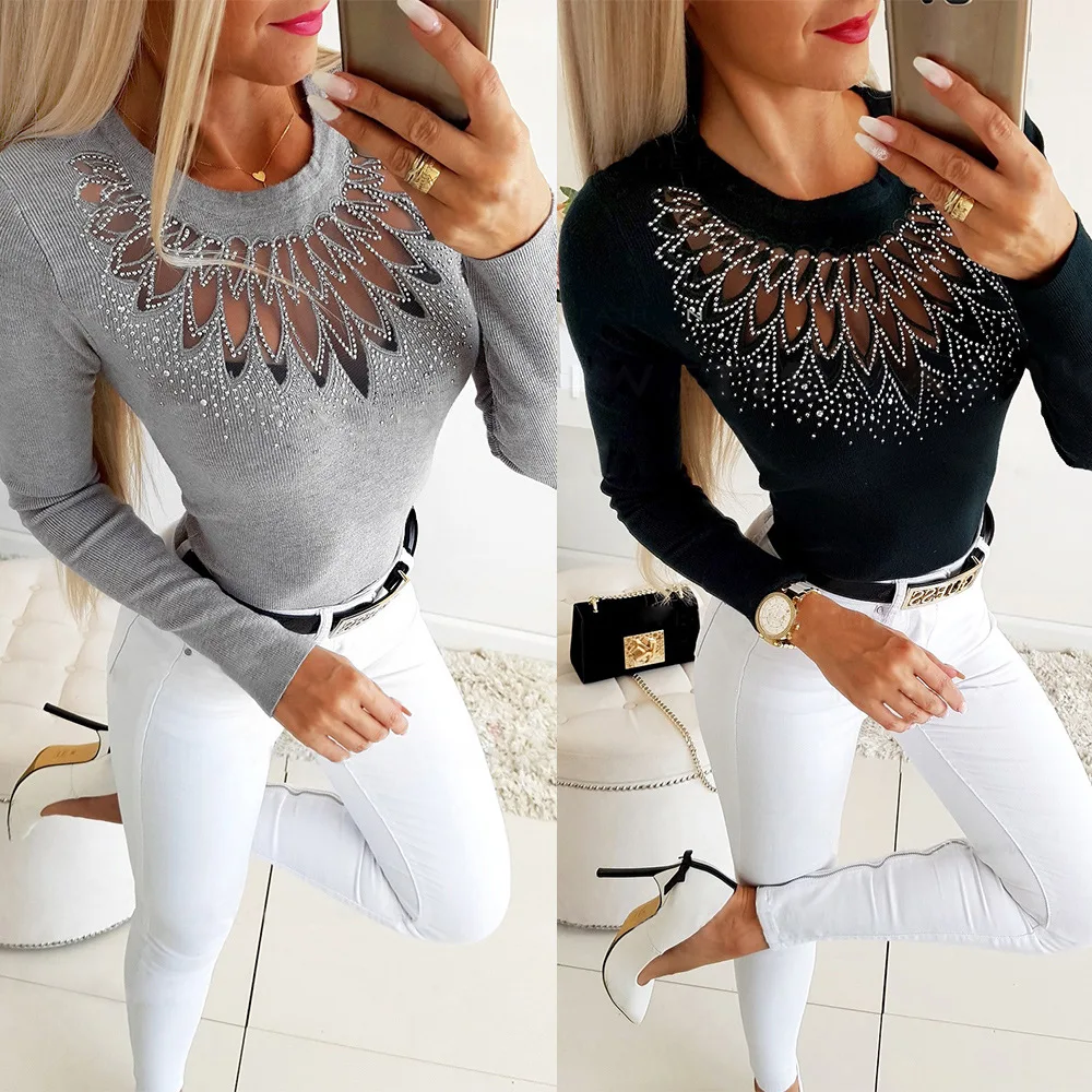 

Winter Slim T-Shirts Women Elegant Autumn Gauze Patchwork Hollow Out Hot Drill Decor See Through Tee Lady O-Neck Long Sleeve Top