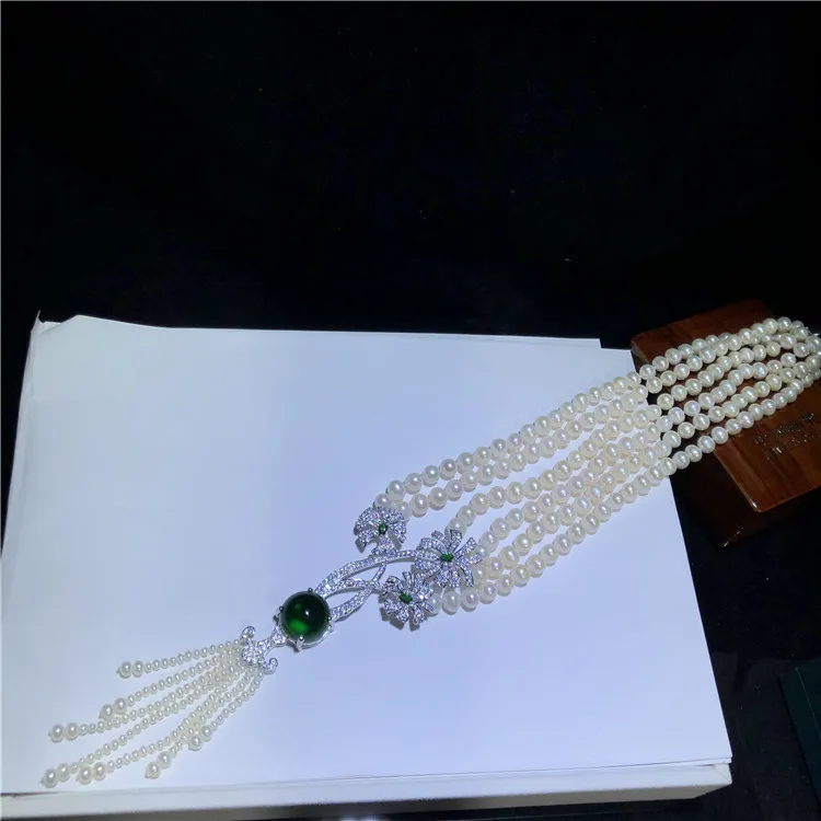 Hand knotted 3rows natural 8-9mm white freshwater pearl fashion necklace micro inlay zircon accessories