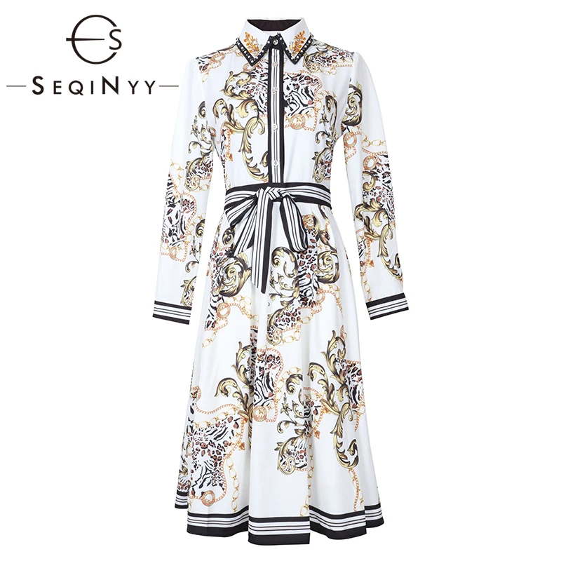 

SEQINYY White Dress 2020 Spring Autumn New Fashion Design Luxury Bead Crystal Leopard Print Midi Dress Women