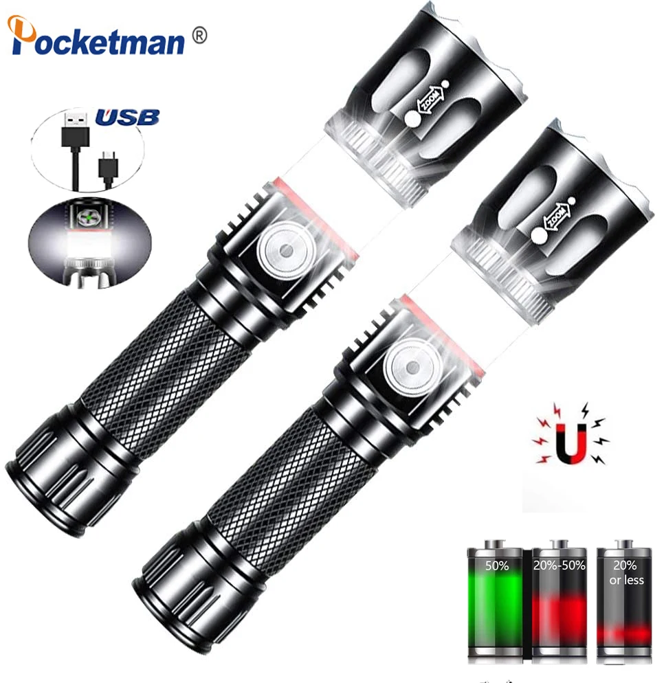 

10000Lm Bright USB Charging High-end LED Flashlight Surrounding COB lamp + Tail magnet design Led Support Zoomable T6 L2 4 modes