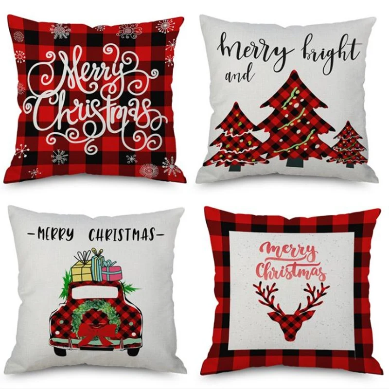 4x Christmas Day Decoration Happy New Year Pillow Case Cushion Cover Square Pillow Case