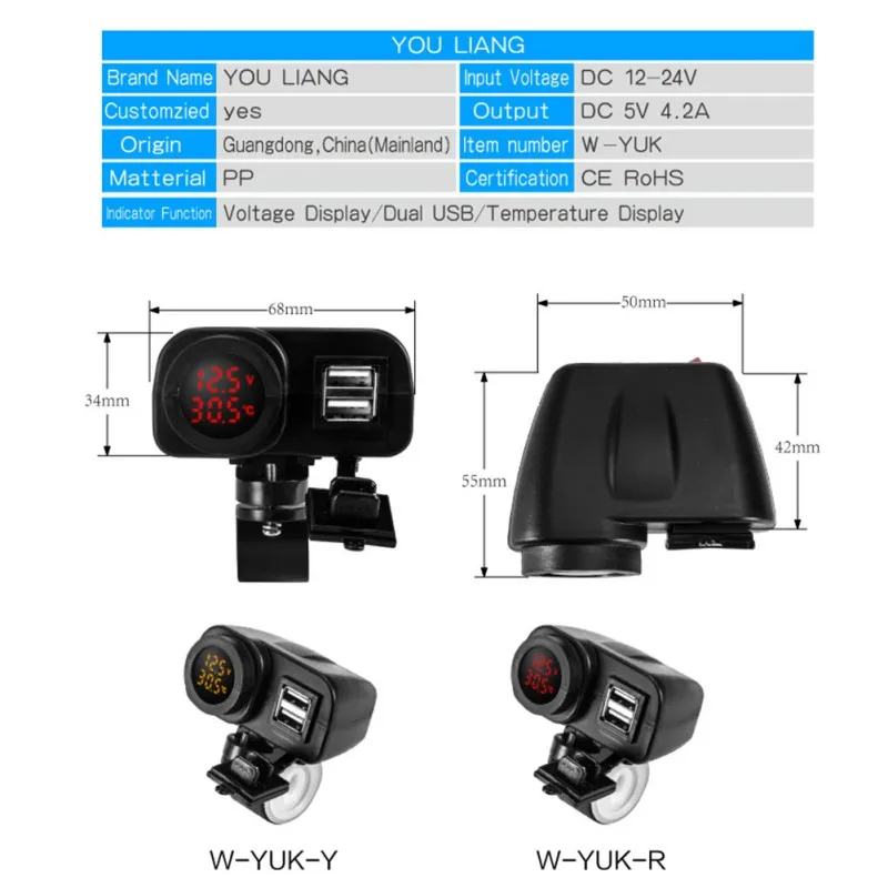 Мотоцикл двойной USB зарядное устройство 5 В/4.2A двойной USB зарядное устройство розетка водонепроницаемый руль мотоцикла зажим Вольтметр термометр светодиодный