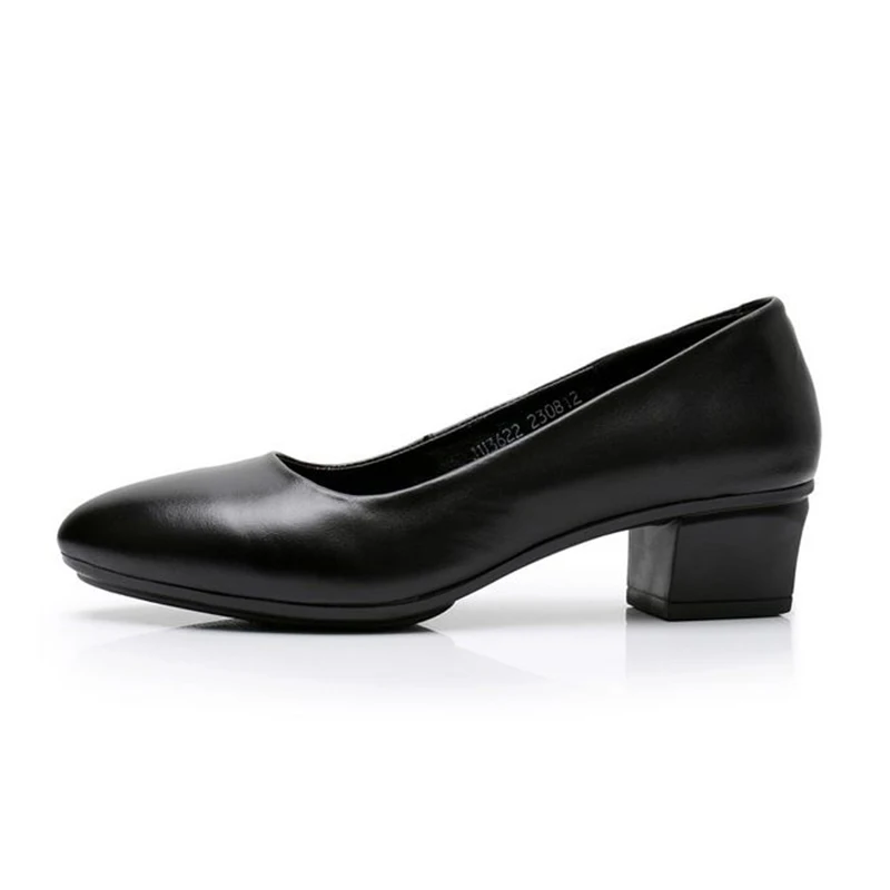 Офисная Рабочая обувь; женская черная кожа; Профессиональный грубый каблук; обувь для деловых женщин