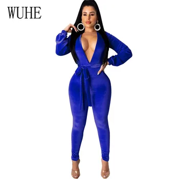 

WUHE Sexy Solid Velvet Jumpsuits with Belt Elegant Deep V-neck Bandage Bodycon Playsuits Autumn Women Skinny Bodysuits