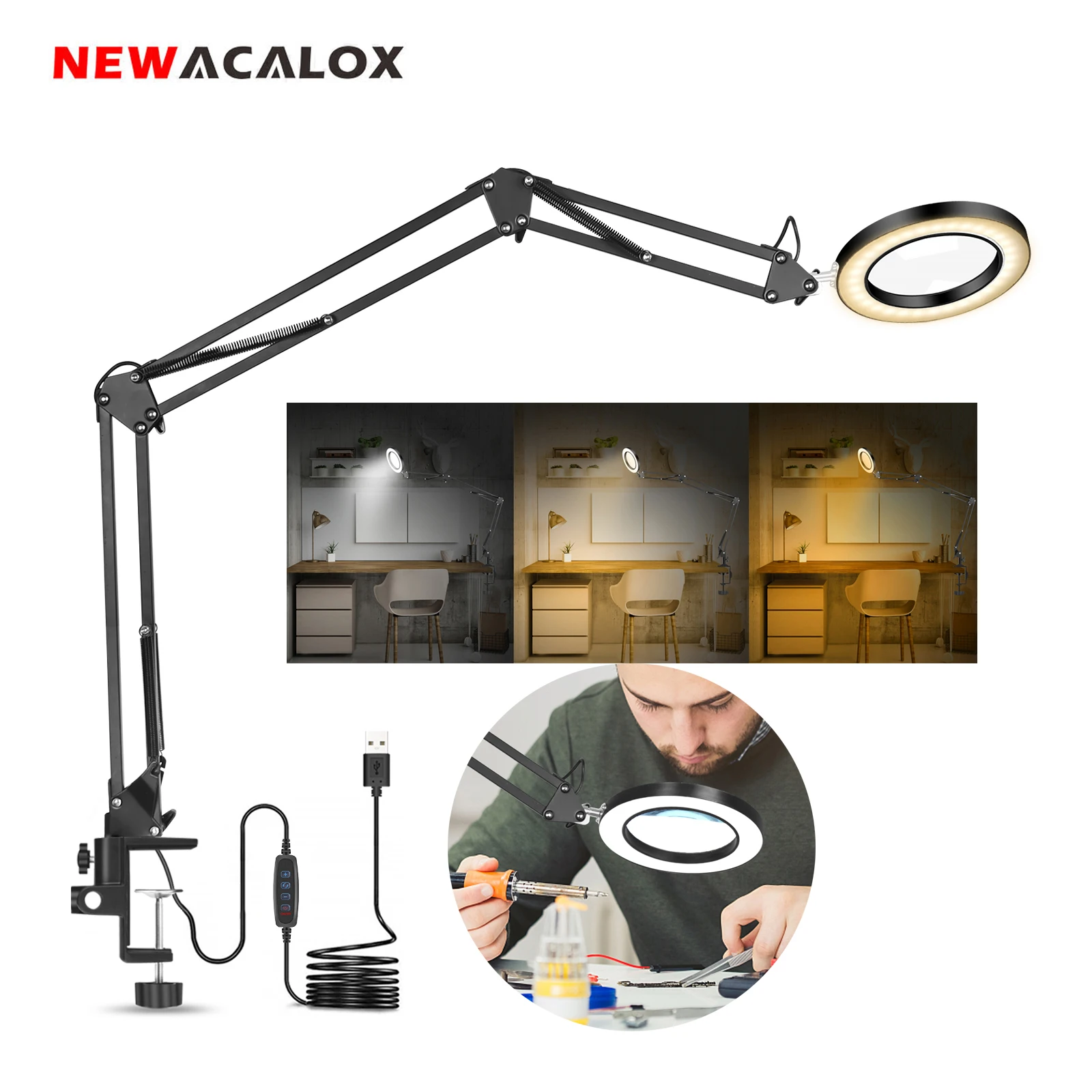 NEWACALOX-Escritorio flexible grande de 5X, lupa de 3 colores con iluminación LED y USB, lupa de lectura, retrabajo y soldadura 1