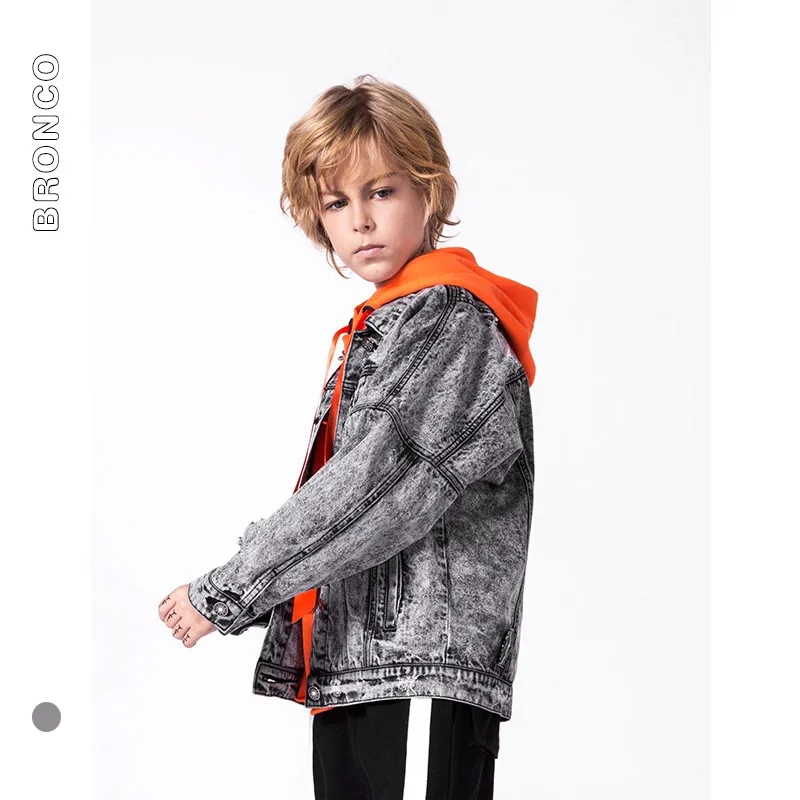 

BC Childrenswear Pure Cotton BOY'S Girls' Jean Jacket Hooded Lace-up Fold-down Collar Long Sleeve Jacket Big Boy Jeans Coat