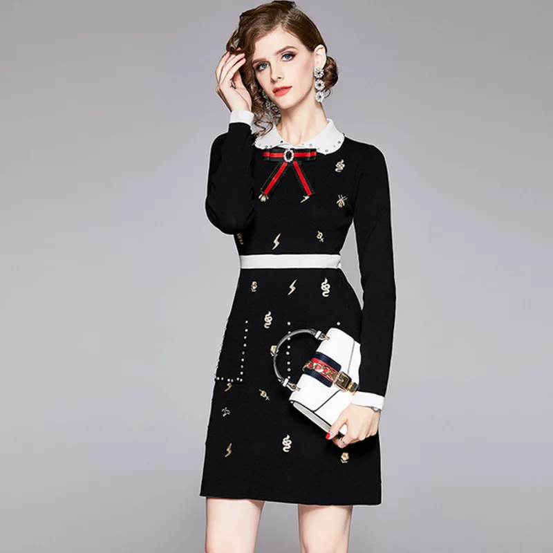 Осеннее и зимнее контрастное цветное соединение с бусинами и бриллиантами, набор вышитых вязаных изящных платьев, платье-свитер в европейском стиле