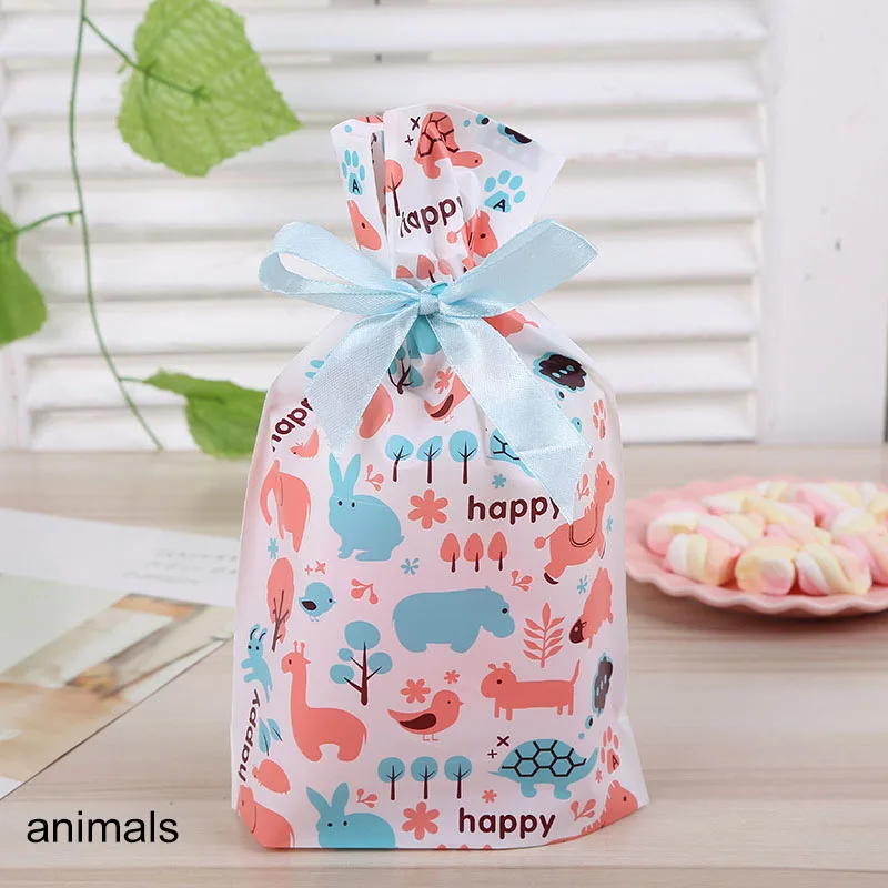 animals Wedding Decor Birthday Party Supplies Drawstring Bags Plastic Gift Package Cookie Snack Candy Bag Ribbons Food Biscuits Pouch - Цвет: animals