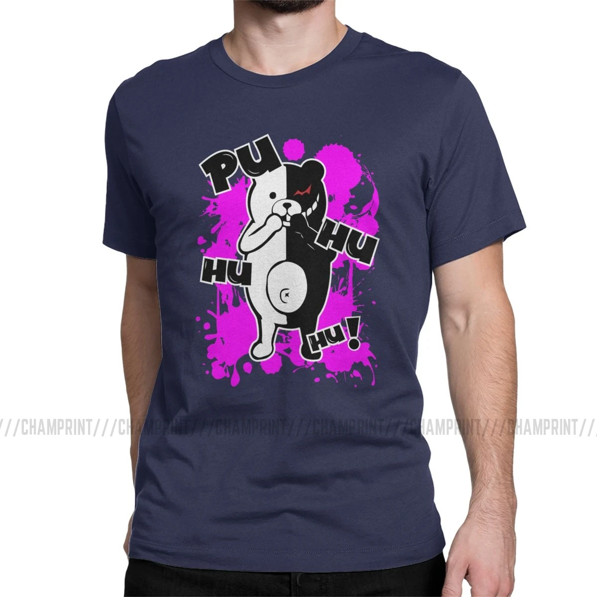 Monokuma Danganronpa мужские футболки, Винтажная футболка с коротким рукавом и круглым вырезом, футболки из чистого хлопка, летняя одежда - Цвет: Тёмно-синий