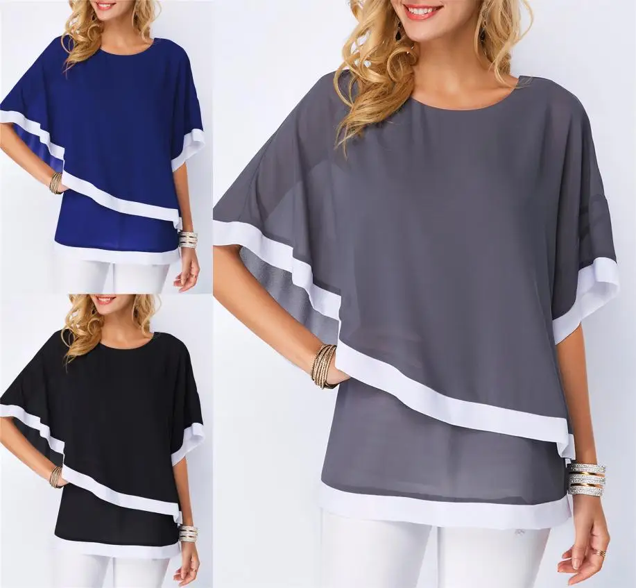 

Plus size Blouses for women 4xl 5xl Patchwork Double layer Tops Casual Batwing tunic 2020 Autumn Large size Chiffon Shirts