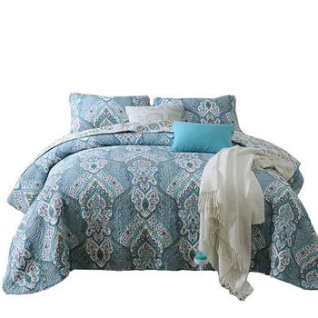

Free shipping bohemian national style pure cotton floral 3pcs blue patchwork quilt full/queen size bed cover/bedspread AN