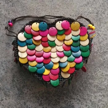 

Colorful Shell Handmade Rattan Woven Heart Shape Shoulder Bag Vintage Retro Rope Knitted Messenger Bag Lady Summer Beach Tote