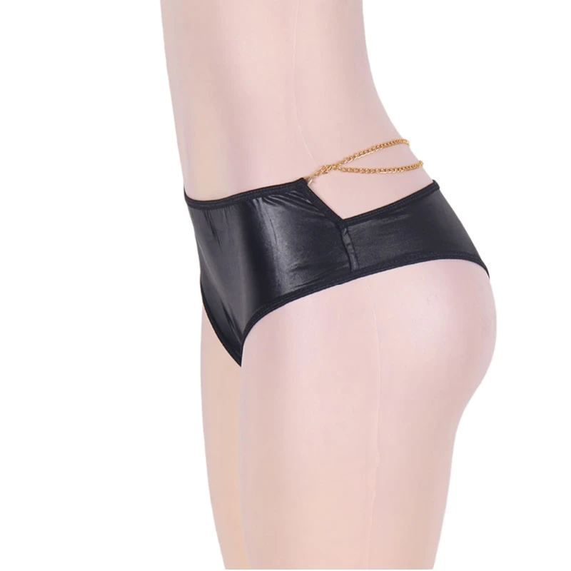 Женские трусики из искусственной кожи черные однотонные со средней талией