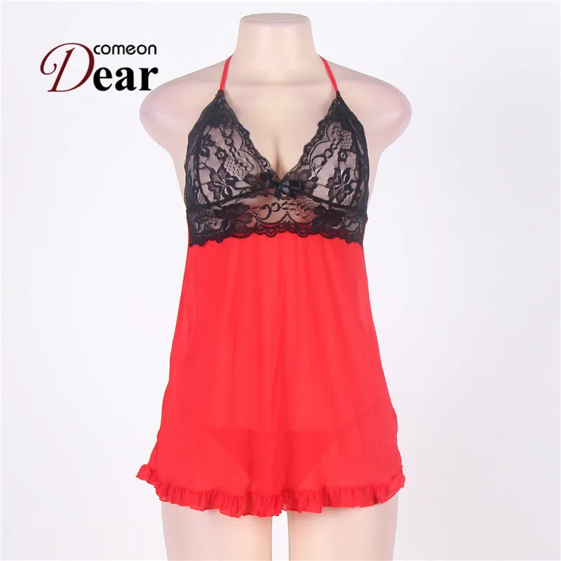 Comeondear Backless Lingerie Babydoll Sexy Black Red Ruffled Lace Tops Ropa Sexy Mujer Erotica Dress Transparent Dress RA7551