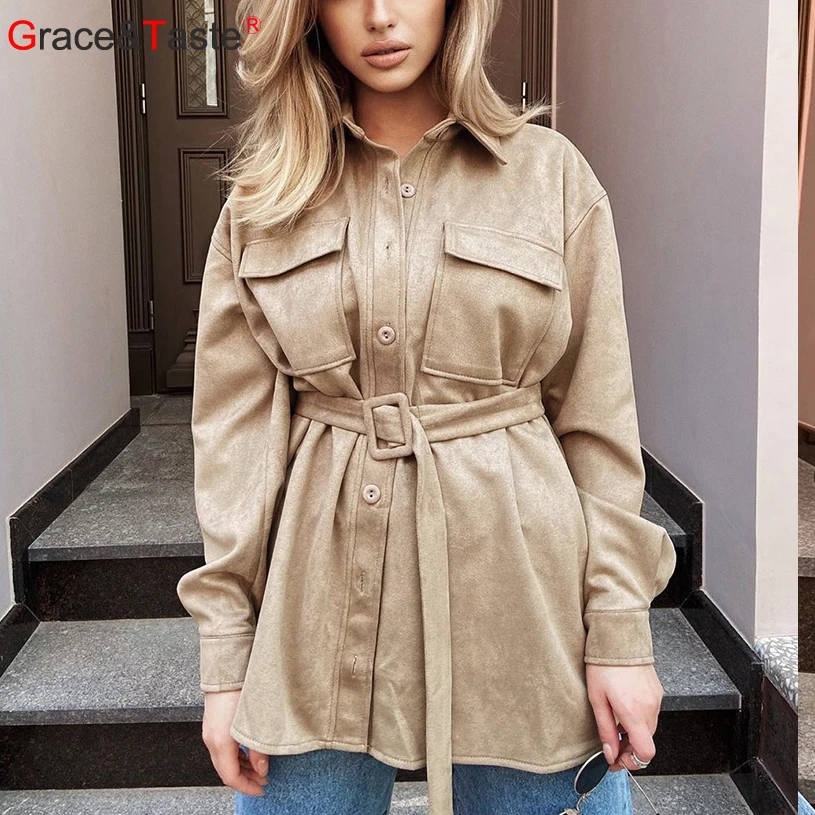 

G&T Vintage Suede Long Sleeve Women Blouse Shirt Cardigan Loose Lapel Pocket Belt Turn-Down Collar Autumn Winter Ladies Tops
