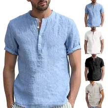 Nova blusa masculina casual de algodão linho, camiseta solta de manga curta, primavera, outono, verão e férias com cara