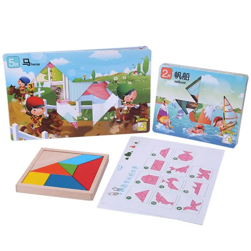 Деревянные Tangram головоломки Монтессори развивающие игрушки головоломки для детей улучшить стабильность больших и маленьких мышц рук - Цвет: 02
