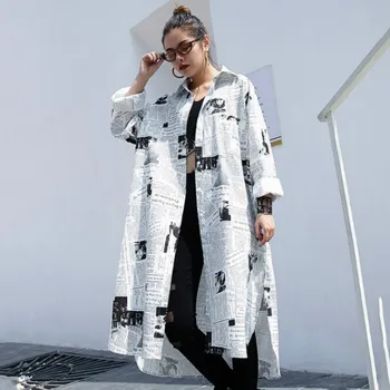 

2020 Spring Autumn Female Lapel Long Sleeve White Printed Loose Irregular Big Size Long Shirt Women Blouse Fashion Tide