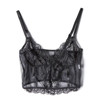 

V Neck Perspective Sexy Erotic Sling Push Up Top Women Lingerie Solid Attractive Lace Underwear Sleeveless Floral