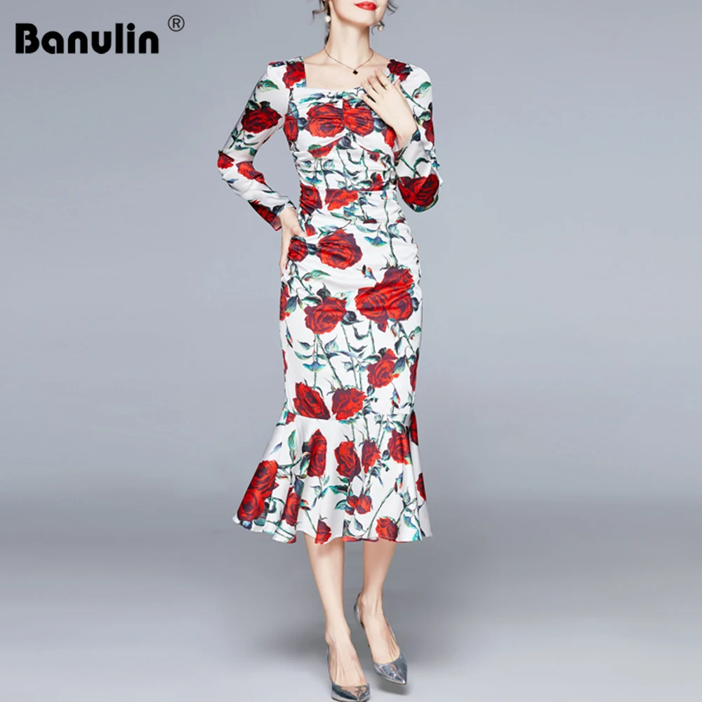

Banulin Spring Autumn Runway Rose Floral Pleated Mermaid Dress Women Long Sleeve Square Collar Flower Print Beach Bodycon Dress