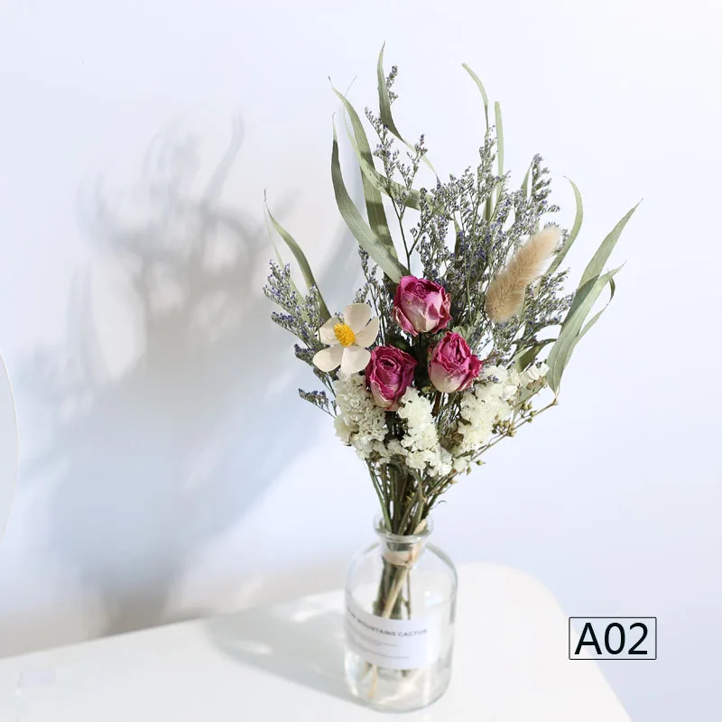 A02with vase Сухой цветок искусственный букет из сушеных цветов розы Forget-me-not листья эвкалипта северные растения украшение для дома комнаты с вазой - Цвет: A02with vase