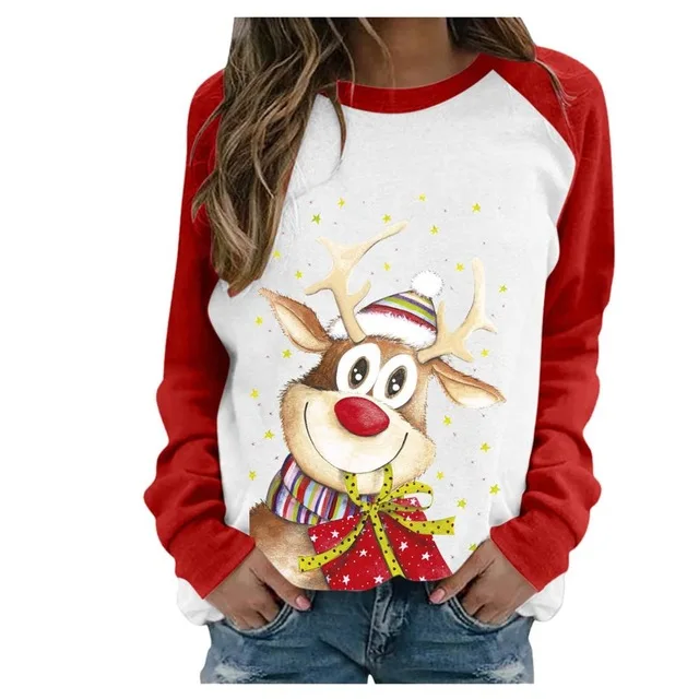 Funny Cute Elk Printing Long Sleeve Christmas Women T-Shirt