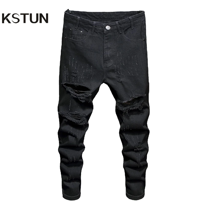 Pantalones negros rasgados para hombre, Jeans rectos con agujeros rotos elásticos desgastados, pantalones vaqueros casuales para pantalones de Hip Hop|Pantalones vaqueros| - AliExpress