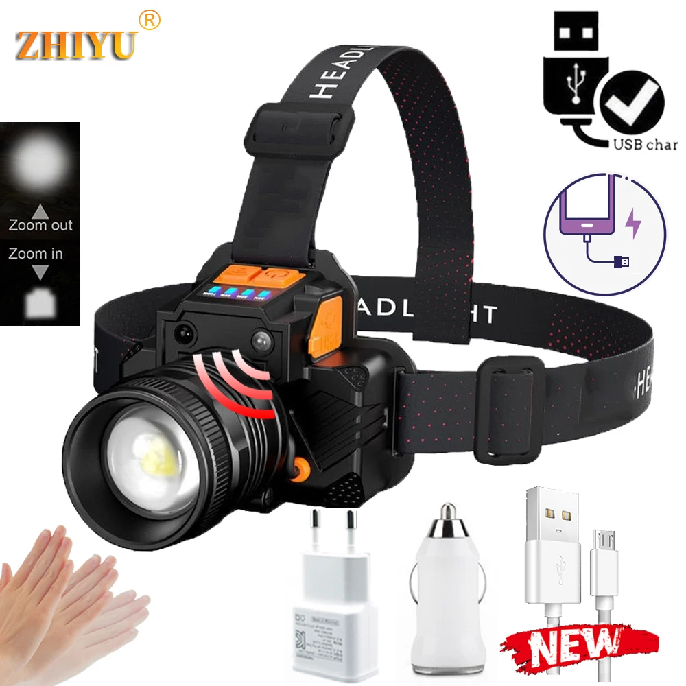 

Induction Rechargeable T6 LED Headlight Zoom Waterproof flash Headlight Flashing Outdoor Super Bright Camping Hunting Headlight