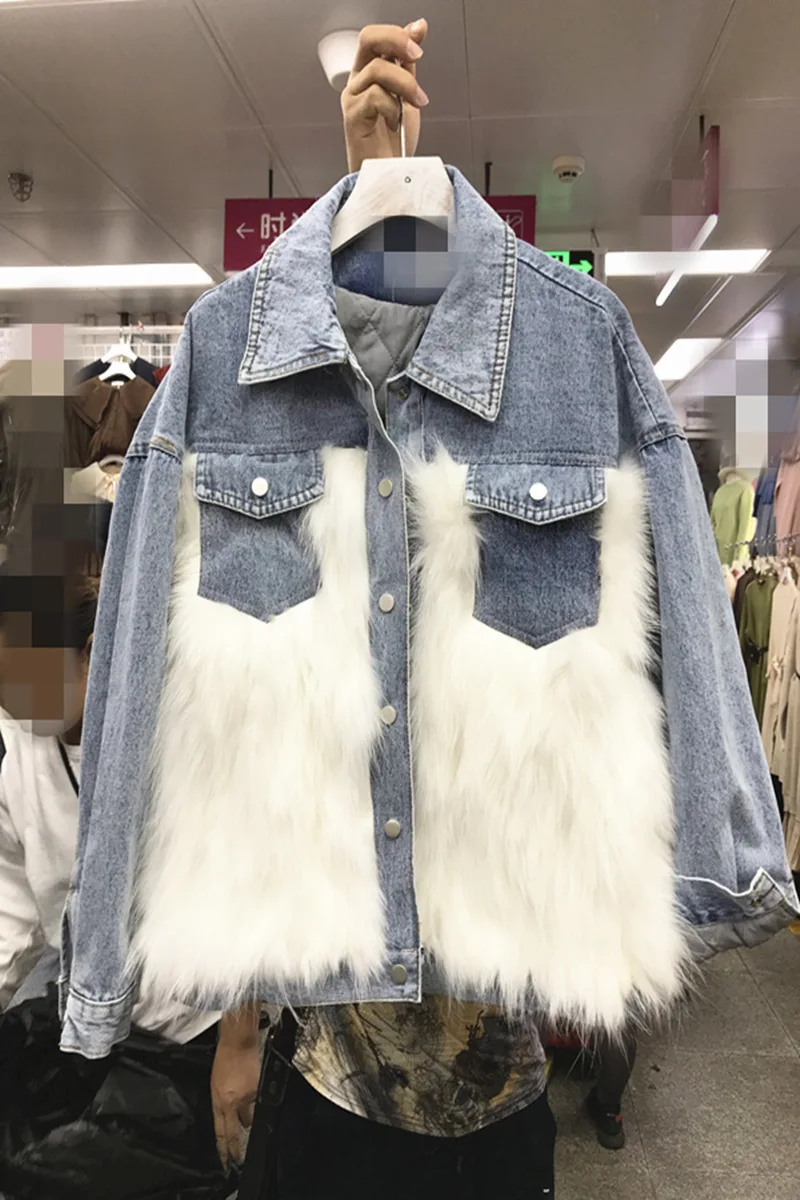 Winter Korean Style Real Fox Hair Denim Jacket Women's Cotton Padded Female Casual Coat Girls Thickened Warm Cowboy Jackets