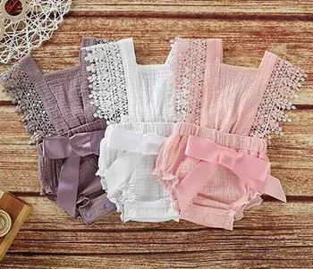 

2019 Brand Newborn Baby Girls Cotton Linen Bow-knot Bodysuit Summer New Tassel Bow Fly Sleeve Lace Sleeveless Outfit 6 Colors