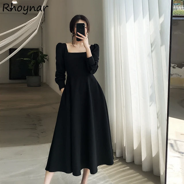 Dresses Women Black Spring New French Style Gothic Sweet Simple All-match Backless Mid-calf Korean A-line Classic - Dresses - AliExpress