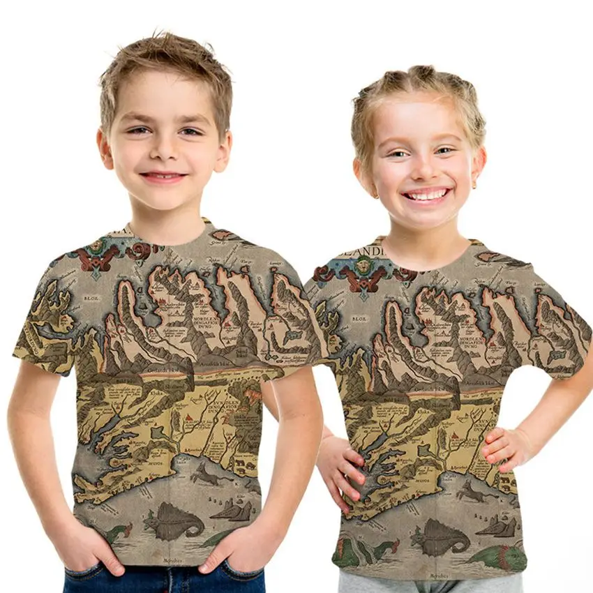 

Mountain terrain 3d impression printing children's t-shirts short-sleeved summer sales casual boys and girls map kiddy clothing