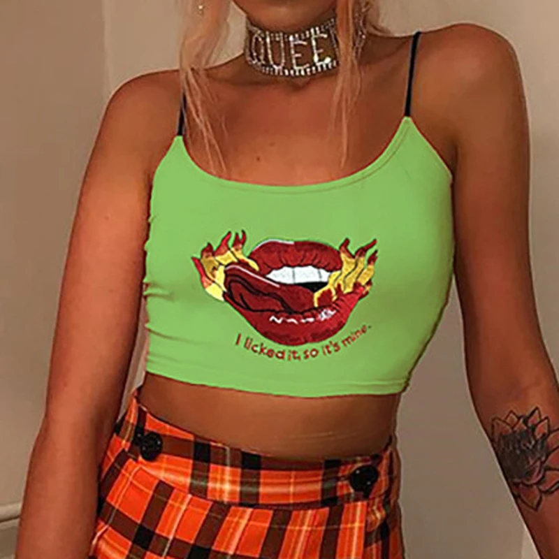 Полный хлопок Camis флуоресцентный зеленый красный Вышивка губ женский слинг жилет женский уличный короткий тонкий повседневный укороченный топ