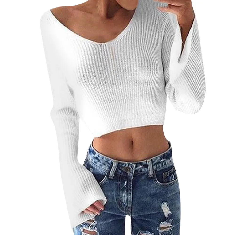Jaycosin Fashion Casual Lady Long Sleeve V-neck Sweater Stylish Comfortable Soft Solid Color Knitting Crop Blouse Tops | Женская одежда