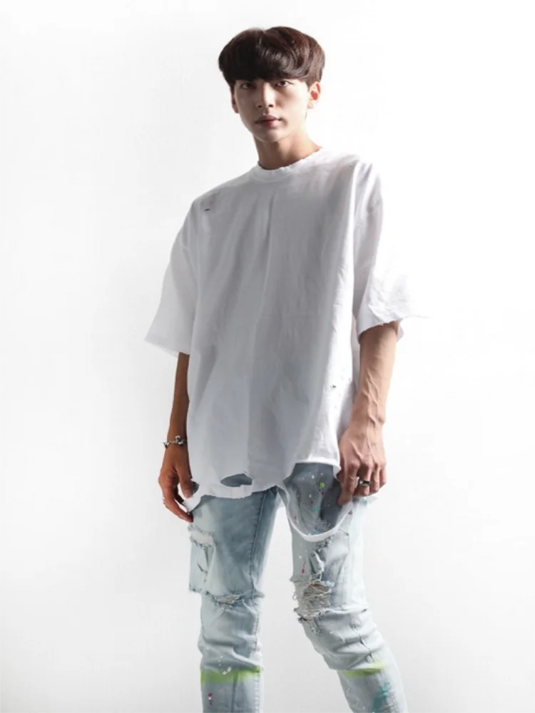 

Men's Short Sleeve T-Shirt Summer New Personality Hole Solid Color Base Neutral Casual Casual Casual Large Size Bottom T-Shirt