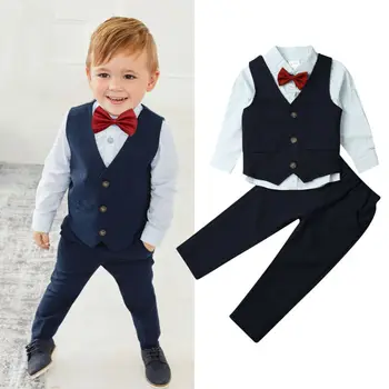 

1-7T 4Pcs Baby Boy Kids Gentleman Waistcoat+Shirt+Bow Tie+Pants Wedding Party Outfits