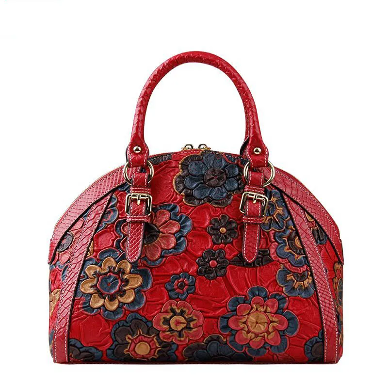 Женские сумки из натуральной кожи для женщин, новая зимняя сумка на плечо в стиле ретро с цветочным принтом, модная кожаная сумка - Цвет: red